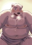 anthro balls belly big_belly black_nose blue_eyes blush bodily_fluids eyebrows fur genitals kemono male moobs navel nipples overweight overweight_male solo sweat towel white_body white_fur maron2475 utau shirane_kan bear mammal polar_bear ursine 2024 hi_res