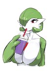 beverage breasts cleavage clothed clothing container cup drinking female green_body holding_container holding_cup holding_object not_furry red_body red_eyes simple_background solo white_background white_body my700 grimace_shake mcdonald's nintendo pokemon gardevoir generation_3_pokemon humanoid pokemon_(species) 2023 absurd_res hi_res meme