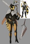 4_arms 4_fingers anthro armor black_sclera bottomwear breasts claymore clothing exoskeleton female fingers greatsword green_eyes loincloth multi_arm multi_limb pauldron reference_image solo unconvincing_armor under_boob wings xvii_(artist) vesper_(xvii) arthropod hymenopteran insect vespid wasp yellowjacket_(wasp) digital_media_(artwork) hi_res