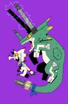 ambiguous_gender anthro claws duo electricity evolution fangs feral green_body horn kerchief purple_background railgun ranged_weapon side_view simple_background teeth weapon white_body yellow_eyes wishawitchh bandai_namco digimon digimon_ghost_game ceratopsian digimon_(species) dinosaur gammamon ornithischian prehistoric_species reptile scalie triceratops wezengammamon hi_res