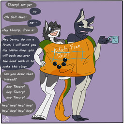 anthro argument clothing container cup dialogue group holding_container holding_cup holding_object looking_at_another male male/male multi_eye multi_limb sharing_clothing shirt speech_bubble text topwear trio servo117 get_along_shirt gemini_the_sergal sergal 1:1 english_text hi_res