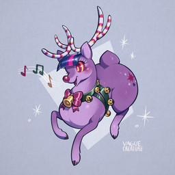 antlers bell bell_harness big_butt butt female feral harness hooves horn hypnotic_eyes jingle_bell jingle_bell_harness musical_note musical_symbol open_mouth purple_body purple_hooves purple_nose purple_tongue ribbons simple_background singing solo sparkles symbol tail tongue white_antlers vaguecreature friendship_is_magic hasbro my_little_pony twilight_sparkle_(mlp) deer mammal new_world_deer reindeer hi_res