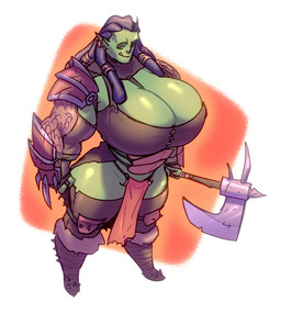 axe big_breasts breasts cleavage clothed clothing ear_piercing female green_body green_skin holding_object holding_weapon huge_breasts melee_weapon not_furry piercing simple_background smile solo weapon bigdad humanoid orc 2022