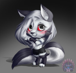 anthro arms_bent big_head blush chibi claws clothing daww digitigrade ear_piercing female fluffy fluffy_tail fur grey_hair hair head_tuft inner_ear_fluff leggings legwear notched_ear piercing red_sclera solo standing straight_legs tail toe_claws torn_clothing tuft white_body white_eyes white_fur white_inner_ear cuervo-of-cristal hellaverse helluva_boss mythology loona_(helluva_boss) canid canid_demon canine demon hellhound mammal mythological_canine mythological_creature 2021 absurd_res hi_res
