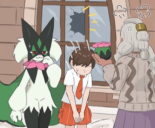 ambiguous_gender angry anthro bodily_fluids bottomwear broken_glass broken_window brown_hair claws clothing cross-popping_vein eyeless featureless_crotch flower_trick fur glass green_body green_fur green_hair grey_hair group hair holding_object male naranja_academy red_eyes school_uniform shorts sweat trio uniform ylit nintendo pokemon tyme_(pokemon) felid feline generation_9_pokemon mammal meowscarada pokemon_(species) 2025 digital_media_(artwork)