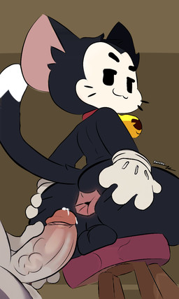 anthro anus balls black_body bodily_fluids butt clothing collar cum dripping duo erection femboy genital_fluids genitals gloves hand_on_butt handwear holding_penis humanoid_genitalia humanoid_penis looking_back male male/male penis precum precum_drip presenting presenting_penis puffy_anus rear_view simple_background spread_butt spreading tail vein veiny_penis ferichx brawl_stars supercell_(company) kit_(brawl_stars) domestic_cat felid feline felis humanoid mammal hi_res