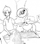 black_and_white digital_drawing_(artwork) digital_media_(artwork) duo eeveelution feral fire flareon forest generation_1_pokemon glacierclear human jaki-kun_(character) male mammal monochrome nintendo outside plant pokemon pokemon_(species) tree