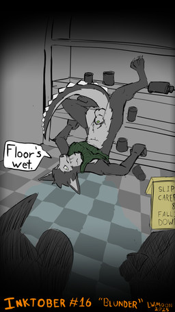 animal_genitalia anthro bottomless bottomless_male casual_exposure clothed clothing dialogue fallen_over fully_sheathed genitals green_eyes green_penis group grumpy lipsticking looking_at_viewer male penis public public_exposure sheath shirt silhouette solo_focus spiked_tail spikes spikes_(anatomy) tail topwear undershirt lwmoon inktober_2025 lukas_(lwmoon) canid canine hybrid mammal 2025 9:16 hi_res sketch