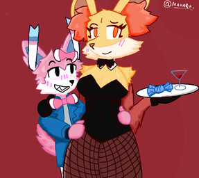 anthro big_breasts breasts bunny_costume candy clothing costume dessert duo female female/female food fur male mature_female orange_body orange_fur rare_candy smile thick_thighs renan69549 nintendo pokemon starters_(movieunleashers) delphox_(movieunleashers) dr._sylveon delphox eeveelution generation_6_pokemon pokemon_(species) sylveon
