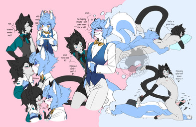 anal anthro big_penis biped black_hair black_hands blep blue_background blue_body blue_eyes blue_eyeshadow blue_fur blue_hair bottomwear bow_tie butt cat_tail clothing collared_shirt countershade_face countershade_fur countershade_torso countershading dipstick_tail dog_tail dress_shirt duo eyeshadow face_in_ass facesitting fluffy fluffy_tail french_kissing fur genitals good_boy hair handjob handjob_while_rimming holding_face hug hugging_object hugging_pillow imagination kiss_on_lips kissing makeup male male/male markings nude nude_male oral pants penile penis pillow pink_background reach_around rimming rolled_up_sleeves sex shirt short_hair shorts simple_background sitting sitting_on_another tail tail_markings text tongue tongue_out topwear vest white_body white_bottomwear white_clothing white_countershading white_fingers white_fur white_hands white_inner_ear white_pants yellow_eyes nerunaur brush_(benju) custom_ink canid canine canis domestic_cat domestic_dog felid feline felis mammal pomeranian spitz absurd_res english_text hi_res
