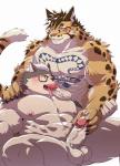 abs anthro biceps big_muscles bodily_fluids countershading cum duo fur genital_fluids genitals humanoid_genitalia humanoid_penis male male/male muscular muscular_male pecs penis penis_on_tongue spots tattoo uken_l nekojishi studio_klondike beenic likulau canid canine canis clouded_leopard domestic_dog felid husky mammal nordic_sled_dog pantherine spitz 2018 absurd_res hi_res