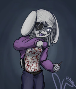 anthro blood blood_on_clothing bodily_fluids box_cutter breasts clothed clothing clothing_lift cutting cutting_self eye_bags eye_patch eyewear female fur gore happy_gore knife nipples oversized_clothing piercing purple_nipples purple_tongue scut_tail self-harm shirt shirt_lift short_tail small_breasts smile smiling_at_viewer tail tongue tongue_out topwear white_body white_fur wounded young manyanz lagomorph leporid mammal rabbit hi_res