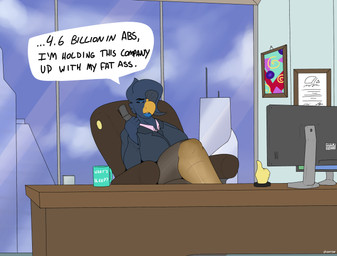 anthro breasts cellphone clothed clothing computer crossed_legs desk dialogue electronics female furniture inside non-mammal_breasts phone solo table text window elektr0 topaz_(elektr0) avian bird absurd_res english_text hi_res