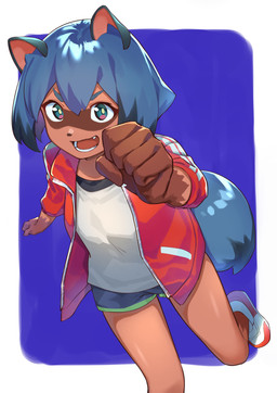 5_fingers anthro black_hair blue_body blue_eyes blue_fur blue_hair brown_body brown_fur clothed clothing cute_fangs fangs female fingers fluffy fluffy_tail footwear fur hair jacket multicolored_eyes multicolored_hair open_clothing open_jacket open_mouth open_topwear pink_eyes shoes short_hair sneakers solo tail teeth topwear lizzy_imo brand_new_animal studio_trigger michiru_kagemori canid canine mammal raccoon_dog tanuki 2020 hi_res