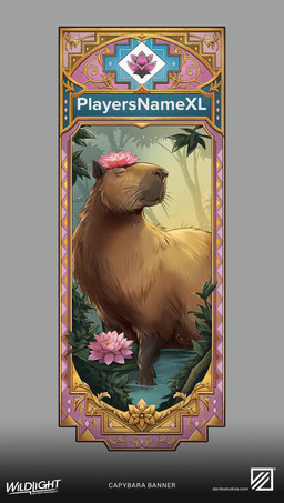 4_toes ambiguous_feral ambiguous_gender banner black_claws black_ears black_nose brown_body brown_fur claws closed_frown company_logo eyes_closed feet feral flower forest frown fur gold_border grey_background light lotus_(flower) mouth_closed outside partially_submerged pink_flower plant relaxed_expression relaxing simple_background solo text toe_claws toes tree water whiskers mariana_livraes highguard_(game) capybara caviid mammal rodent 2026 colored concept_art digital_drawing_(artwork) digital_media_(artwork) english_description english_text hi_res lighting official_art shaded url
