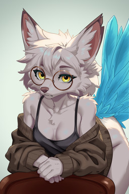 anthro arm_tuft backlighting big_ears black_clothing black_topwear blue_body blue_feathers breasts brown_clothing brown_topwear butt camisole cardigan chair chest_tuft clasped_hands clothing collarbone dipstick_ears ear_markings eyewear facial_tuft feathers female fingers frown fur furniture glasses hair inner_ear_fluff leaning leaning_forward leaning_on_object leg_tuft light looking_at_viewer markings medium_breasts medium_hair multicolored_ears oversized_clothing oversized_topwear pupils round_glasses shoulder_tuft simple_background solo tail tail_feathers thigh_tuft topwear tuft white_body white_fur white_hair yellow_eyes taiyokami kirina_(taiyokami) avian canid canine fox hybrid mammal 2:3 absurd_res hi_res lighting