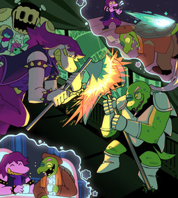 anthro armor axe elderly_male female fight green_body grin group hammer male mature_male pink_body pink_scales scales smile teeth tools warhammer yellow_teeth hallow_ice deltarune undertale_(series) gerson gerson_boom_(deltarune) jackenstein kris_dreemurr ralsei susie_(deltarune) bovid caprine darkner human mammal reptile scalie turtle hi_res multiple_scenes