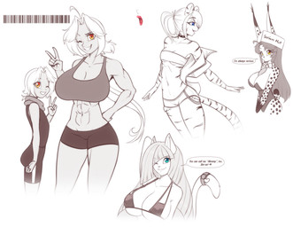 accessory anthro big_breasts bikini bikini_top blue_eyes bottomwear breasts clothing collar collarbone crop_top dialogue eyebrows eyelashes female furgonomics gesture hair hand_behind_head hand_gesture hat headgear headwear larger_female leotard male midriff necktie nipple_outline one_eye_closed ponytail shirt shirt_collar shorts size_difference small_breasts smile swimwear tail tail_accessory tail_collar topwear tube_top two-piece_swimsuit v_sign wink yellow_eyes scorpdk mara_(scorpdk) domestic_cat felid feline felis human lynx mammal pantherine tiger 2025 hi_res