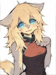 anthro asian_clothing blonde_hair blue_eyes chinese_clothing chinese_dress clothing dress east_asian_clothing female fur hair hand_on_chest simple_background solo tongue upper_body yellow_body yellow_fur eneki_sei bird_dog canid canine canis domestic_dog golden_retriever hunting_dog mammal retriever 3:4 half-length_portrait portrait