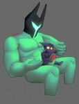 anthro armor black_body black_fur blush bodily_fluids duo erection fur genital_fluids genitals glans green_body green_skin grey_background headgear heart_symbol helmet looking_at_another looking_at_genitalia looking_at_partner looking_at_penis male male/male nude on_lap pawpads penis pink_glans precum simple_background sitting sitting_on_lap size_difference yellow_eyes worecan league_of_legends riot_games tencent mordekaiser_(lol) veigar human mammal yordle hi_res watermark