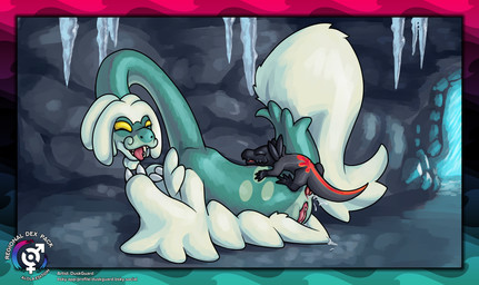 2_fingers 2_penises 4_toes 5_fingers anal anal_penetration animal_genitalia animal_penis black_body black_markings bodily_fluids border cave countershading cum cum_from_ass cum_in_ass cum_inside cum_on_ground cum_on_tuft cum_splatter eyelashes eyes_closed feet female feral fingers from_behind_position genital_fluids genitals green_body green_markings hemipenes ice icicle inside interspecies long_neck looking_pleasured male male/female markings multi_genitalia multi_penis open_mouth orange_markings penetration penis perching_position pink_tongue sex size_difference text toes tongue tongue_out tuft vaginal_fluids white_body white_countershading white_tuft yellow_markings duskguard mythology nintendo pokemon dragon drampa generation_7_pokemon mythological_creature mythological_scalie pokemon_(species) salandit scalie absurd_res hi_res url watermark