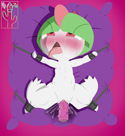 ahegao bdsm blush bodily_fluids bondage bound clitoris crying cuff_(restraint) drooling ejaculation female forced forced_orgasm genital_fluids genitals green_hair hair horn logo looking_pleasured open_mouth orgasm penetration pillow pseudo_hair red_eyes restraints saliva sex_toy sex_toy_in_vagina sex_toy_insertion simple_background solo spread_arms spread_eagle spread_legs spreading tears tongue tongue_out vaginal vaginal_fluids vaginal_penetration vaginal_squirting vibrator vibrator_in_vagina vibrator_on_clitoris vulva white_body young young_female pricklypastor_(artist) nintendo pokemon generation_3_pokemon humanoid pokemon_(species) ralts 2026 artist_logo digital_drawing_(artwork) digital_media_(artwork) full-length_portrait hi_res portrait signature