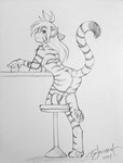 anthro bar bar_stool butt casual_nudity digitigrade female fur furniture holding_glass holding_object leaning leaning_forward looking_at_viewer looking_back nude nude_anthro nude_female pawpads public public_nudity raised_tail smile solo stool striped_body striped_fur stripes tail conditional_dnp tom_fischbach twokinds flora_(twokinds) felid keidran mammal pantherine tiger 2024 absurd_res hi_res monochrome sketch traditional_media_(artwork)