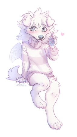 anthro band-aid band-aid_on_leg bandage blue_eyes blue_nose blue_pawpads blush clothed clothing feathered_wings feathers female female_anthro fingerpads front_view glistening glistening_eyes hair looking_at_viewer mouth_closed pattern_clothing pattern_topwear pawpads pink_clothing pink_topwear short_hair simple_background sitting solo striped_clothing striped_topwear stripes tail topwear white_background white_clothing white_tail white_topwear white_wings wings lostgoose canid canine canis domestic_dog mammal 2024 9:16 dated hi_res