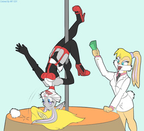 anthro armwear clothed clothing crossdressing dancing drag_(fashion) drag_queen duo elbow_gloves fake_breasts female footwear gloves handwear high_heels legwear lipstick makeup male money necktie pole pole_dancing ponytail_ears shoes thigh_highs vytz looney_tunes warner_brothers bugs_bunny lola_bunny lagomorph leporid mammal rabbit