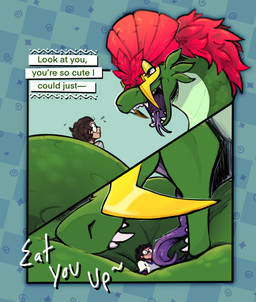 ambiguous_gender coiling dialogue duo feathers female female/nonbinary forked_tongue licking macro size_difference text tongue vore_tease vore_teasing eelmeal couatl feathered_scalie feathered_snake human mammal reptile scalie serpentine_dragon snake comic digital_media_(artwork) english_text hi_res