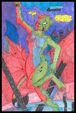 amazo anthro asphyxiation black_border border breasts dialogue drowning duo facial_tuft female fur genitals machine markings nipples nude paws simple_background sound_effects speech_bubble spots spotted_body spotted_fur tail text tuft underwater vowelless vowelless_sound_effect vulva water yellow_body yellow_fur cougar_leon dc_comics cheetah_(dc) android felid feline mammal robot colored_pencil_(artwork) english_text hi_res traditional_media_(artwork)