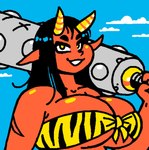 2023 2_horns animal_print arm_scar asian_mythology black_eyebrows black_hair blue_background blue_sky breasts bust_portrait cleavage clothed clothing cloud club_(weapon) collarbone demon digital_drawing_(artwork) digital_media_(artwork) east_asian_mythology eyebrows female hair holding_club holding_melee_weapon holding_object holding_weapon horn horned_humanoid humanoid humanoid_pointy_ears japanese_mythology looking_at_viewer melee_weapon monster mythology not_furry oekaki oni pattern_clothing portrait red_body red_skin scar simple_background sky smile solo striped_clothing stripes tiger_print weapon woot yellow_eyes yellow_horn yokai