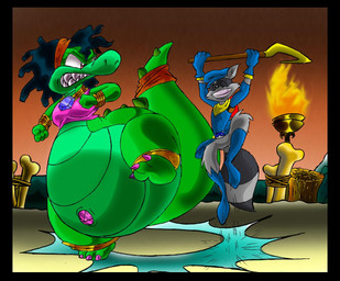 anthro belly big_belly blue_clothing clothing duo female fur green_body grey_body grey_fur inside male overweight toony virus-20 sly_cooper_(series) sony_corporation sony_interactive_entertainment sucker_punch_productions mz._ruby sly_cooper alligator alligatorid crocodilian mammal procyonid raccoon reptile scalie 2007