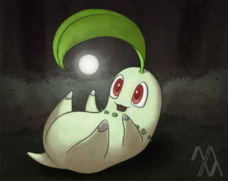 ambiguous_gender feral green_body leaf light lying on_back open_mouth open_smile orb plant red_eyes short_tail smile solo tail themunchmeister cc-by-nc creative_commons nintendo pokemon chikorita elemental_creature flora_fauna generation_2_pokemon pokemon_(species) 2015 watermark