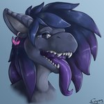 anthro blue_body blue_hair ear_piercing ear_ring female hair open_mouth piercing purple_hair ring_piercing solo tongue tongue_out capseys mythology koralia dragon mythological_creature mythological_scalie scalie 1:1 digital_media_(artwork) headshot_portrait hi_res portrait