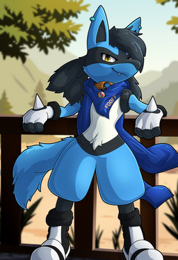anthro belly_tuft black_body black_clothing black_footwear black_fur black_hair black_shoes blue_body blue_ear_piercing blue_fur clothing collar cute_fangs dreadlocks ear_piercing fangs fingerless_gloves fluffy fluffy_tail footwear fur gloves hair hair_over_eye handwear leaning_on_railing male mega_stone mega_stone_collar mountain multicolored_body multicolored_clothing multicolored_footwear multicolored_fur multicolored_gloves multicolored_handwear multicolored_shoes piercing plant pointy_ears prick_ears railing scarf shadow shoes sky smile smiling_at_viewer smirk smirking_at_viewer socks solo spikes spikes_(anatomy) tail tan_body tan_fur teeth text tree tuft two_tone_clothing two_tone_footwear two_tone_shoes white_clothing white_footwear white_shoes yellow_eyes sallandril nintendo pokemon fan_character foofy_(foofybluedoggo) canid canine generation_4_pokemon lucario mammal pokemon_(species) character_name hi_res