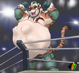 abdominal_bulge anthro anthro_pred belly big_belly boots clothed clothing digestion face_imprint fighting_ring fingerless_gloves fingers footwear fur gloves hair handwear imprint male muscular muscular_anthro muscular_male open_mouth oral_vore shoes smile soft_vore struggling tail teeth tongue victory_pose vore wrestling wrestling_match meowmix6 lifewonders tokyo_afterschool_summoners hombre_tigre_(tas) felid feline mammal pantherine tiger 2026 colored digital_drawing_(artwork) digital_media_(artwork) hi_res signature