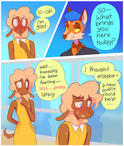 3_panel_comic 5_fingers anthro ascot black_clothing black_shirt black_text black_topwear blue_background blue_eyes blue_hair blush blush_lines bodily_fluids brown_body brown_ears brown_eyelids brown_eyes brown_fur brown_nose cheek_tuft clothed clothing crossdressing crossdressing_male detailed_background dialogue dress duo facial_tuft femboy fingers flying_sweatdrops fur gradient_background hair hand_behind_back looking_at_another looking_away male narrowed_eyes orange_body orange_fur pink_text polka_dot_dress polka_dots red_ascot shirt simple_background smile speech_bubble standing sweat sweatdrop tail tan_body tan_fur tan_hair text topwear tuft v-neck window yellow_clothing yellow_dress yellow_sclera heresvix connor_(heresvix) dani_(heresvix) bovid canid canine caprine fox mammal sheep 2025 comic english_text hi_res