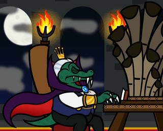 3_fingers anthro archway bent_arm bent_legs black_bottomwear black_clothing black_pants blue_clothing blue_sky blue_topwear blue_vest bottomwear brick_wall cape chair claws clothing cloud crown eyes_closed fingers fire furniture furrowed_brow gem gold_wristwear green_body green_scales green_tail grey_cloud grey_wall hair headgear holidays inside keyboard_instrument king light long_fangs male moon musical_instrument night on_chair organ_(musical_instrument) overweight overweight_anthro overweight_male pants playing_music playing_organ purple_cape purple_clothing red_carpet royalty scales shirt short_hair sitting sitting_on_chair sky solo tail topwear torch vest wall_(structure) white_claws white_clothing white_hair white_shirt white_topwear captainquack64 donkey_kong_(series) halloween nintendo king_k._rool kremling scalie 2023 colored digital_drawing_(artwork) digital_media_(artwork) english_description hi_res lighting