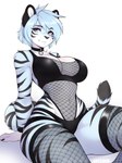 anthro big_breasts black_body black_fur black_stripes black_tail blue_body blue_fur blue_tail breasts clothed clothing collar female fur markings simple_background solo striped_body striped_fur striped_markings striped_tail stripes tail tail_markings white_background white_body white_fur aniu felid feline mammal pantherine tiger 2025 absurd_res digital_media_(artwork) hi_res