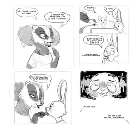 anthro bodily_fluids buckteeth clothed clothing dialogue duo_focus female group heart_symbol lipstick makeup male simple_background speech_bubble sweat teeth text white_background bluedouble disney zootopia fan_character badger canid canine fox hare lagomorph leporid mammal mustelid musteline 2018 comic english_text greyscale monochrome