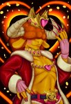 afro anthro belt bottomwear clothing colored_nails crown fur hair hair_over_eyes headgear horn hotpants male nails navel robe shorts solo yellow_body yellow_fur deckofspadesart kings_of_hell asmodeus_(kings_of_hell) bovid bovine cattle demon mammal hi_res