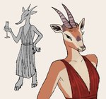 anthro belly breasts clothing dress eyelashes female halter_top hand_on_hip holding_object holding_wine_glass hooves horn orange_body red_clothing red_dress simple_background slight_smile small_breasts solo tail white_background white_belly leskylentils antelope bovid mammal absurd_res digital_media_(artwork) hi_res