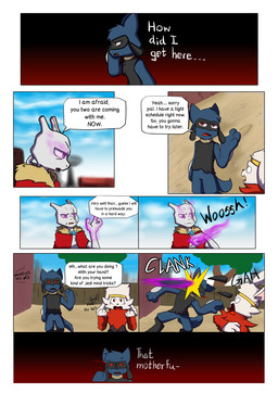 8_panel_comic anthro arm_tuft biped black_nose blue_body blue_fur building clothing cloud day dialogue ellipsis exclamation_point female fence fur group looking_at_another male motion_lines open_mouth outside paws plant pupils purple_eyes question_mark red_body red_eyes red_fur shoulder_tuft sky sound_effects standing tail talking_to_another telekinesis text tongue tree tuft wall_(structure) white_body white_fur white_sclera white_text novaarts nintendo pokemon pokemon_mystery_dungeon spike_chunsoft epsilon_(novaarts) hopps_(novaarts) lu_(novaarts) canid canine generation_1_pokemon generation_4_pokemon generation_8_pokemon legendary_pokemon mammal mewtwo pokemon_(species) raboot riolu 2026 absurd_res comic digital_media_(artwork) english_text hi_res