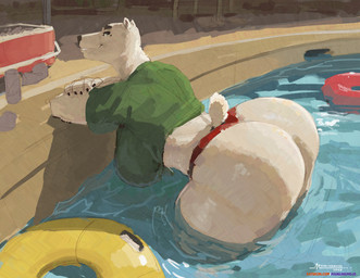 anthro bent_over big_breasts big_butt biped breasts butt clothing female fur green_clothing hanging_breasts huge_butt inflatable inner_tube partially_submerged pupils red_clothing smile solo swimming_pool thick_thighs thong underwear water white_body mainlinemojo andrea_novak bear mammal polar_bear ursine