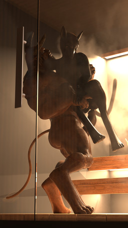 anthro big_dom_small_sub big_penis black_body bodily_fluids body_hair brown_body butt cum cum_string digitigrade dominant duo erection feet floor foreskin genital_fluids genitals glass glass_door glistening glistening_body holding_partner horn imminent_penetration imminent_sex inside larger_male looking_confident looking_worried male male/male muscular muscular_anthro muscular_male nude nude_anthro nude_male penis pointy_ears sauna size_difference smaller_male steam sweat sweaty_arms sweaty_butt sweaty_feet sweaty_fingers sweaty_genitalia sweaty_legs sweaty_thighs warm_lighting wood wood_floor aqua-regia bovid bovine canid canine canis jackal mammal 3d_(artwork) 4k 9:16 absurd_res daz_studio_(artwork) digital_media_(artwork) hi_res
