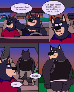 annoyed anthro black_body black_clothing black_outline black_shirt black_tank_top black_topwear bottomwear bottomwear_pull brown_bottomwear brown_clothing brown_pants butt car_interior clothing clothing_pull collared_shirt dialogue duo eyebrows facial_hair fur grey_bottomwear grey_clothing grey_shorts headpat inside_vehicle jockstrap looking_back male male/male muscular muscular_male mustache outdoor_nudity outline overweight pants polo_shirt red_clothing red_shirt red_topwear shirt shorts shorts_pull smile smirk speech_bubble sunset tail tan_body tan_fur tank_top thick_eyebrows topwear underwear undressing eddicus edgar_(eddicus) joel_(eddicus) canid canine canis domestic_dog husky mammal nordic_sled_dog spitz absurd_res comic hi_res brother_(lore) brothers_(lore) sibling_(lore)