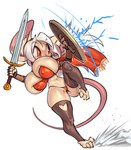 anthro big_breasts breasts cleavage clothed clothing female fur hair holding_melee_weapon holding_object holding_shield holding_sword holding_weapon huge_breasts melee_weapon navel orange_eyes panties shield simple_background solo sword tan_body tan_fur underwear weapon white_hair thefuckingdevil mammal mouse murid murine rodent 2024
