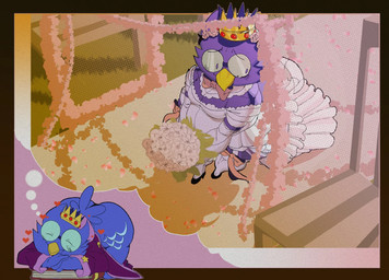 anthro bashful beak big_butt butt clothed clothing crossdressing crossdressing_male crown dream dress eyewear glasses headgear heart_symbol male sleeping solo wedding wedding_dress felinecanis kings_of_hell stolas_(kings_of_hell) avian bird owl hi_res
