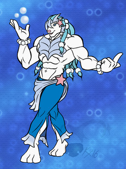 abs anthro anthrofied barefoot biceps big_muscles biped blue_eyes blue_hair body_hair bottomwear bracelet bubble chest_hair clothed clothing dreadlocks feet fur gesture hair hand_gesture jewelry long_hair looking_at_viewer male manly muscular muscular_anthro muscular_male navel open_mouth pants pattern_background pecs pink_nose pointing pokemorph pose sash simple_background smile solo standing star starfish_(accessory) topless white_body white_fur white_skin kingdomxathers nintendo pokemon aquatic asterozoan echinoderm generation_7_pokemon mammal pinniped pokemon_(species) primarina starfish 2016 digital_media_(artwork)